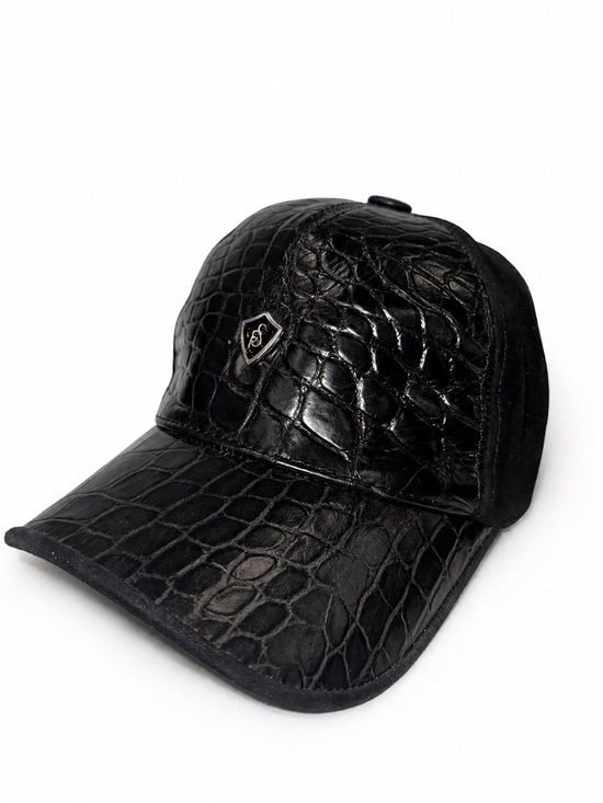 Accessories - Black Croc-Embossed Leather Baseball Cap